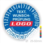 Runder Prüfaufkleber mit individuell anpassbarem Text und Logo, nächste Prüfintervalle von 1 bis 12, Durchmesser von 25-50 mm, farbige Markierungen zur Kennzeichnung.