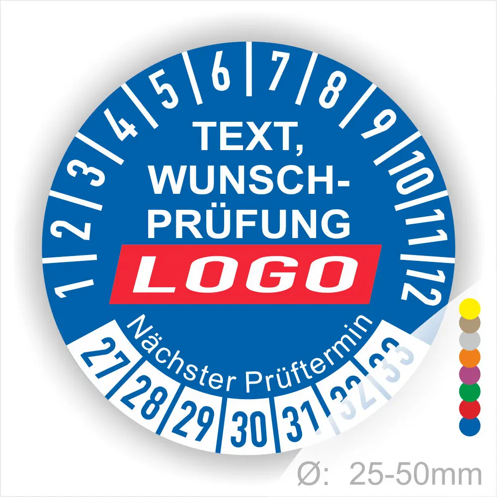 Runder Prüfaufkleber mit individuell anpassbarem Text und Logo, nächste Prüfintervalle von 1 bis 12, Durchmesser von 25-50 mm, farbige Markierungen zur Kennzeichnung.