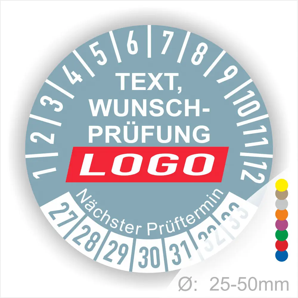Wunschprüfungs-Logo mit Prüfintervall und Farbcodierung, Durchmesser 25-50 mm, für individuelle Anpassungen und nächste Prüftermine.