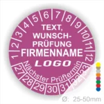 Runder Prüfaufkleber mit individuell anpassbarem Text, Firmenname und Logo. Enthält eine Übersicht der nächsten Prüftermine und ist in verschiedenen Farben erhältlich. Durchmesser von 25-50 mm.