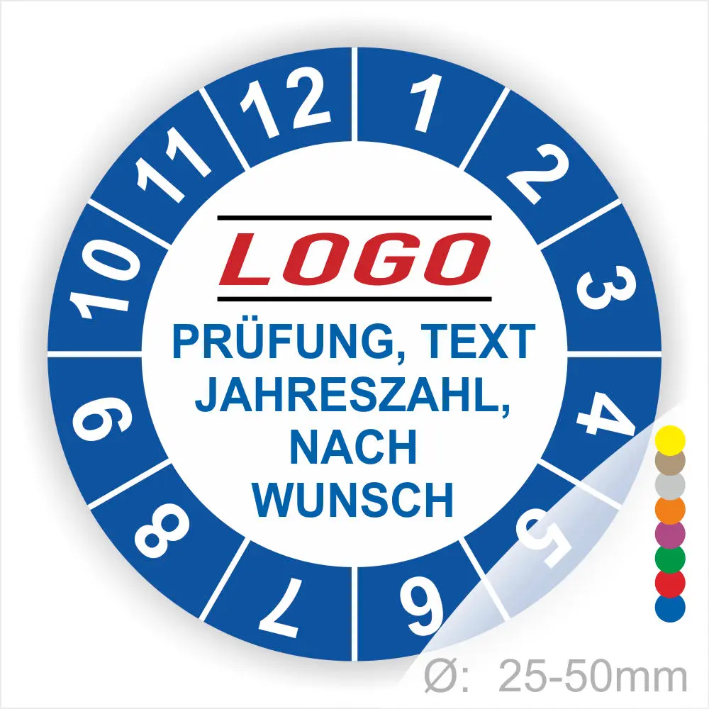 Bunte Prüfplakette mit individuell gestaltbarem Text, Jahreszahl und Logo, Durchmesser 25-50 mm, ideal für Prüfungen und Wartungen.