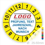 Rundes Prüfetikett mit individuell anpassbarem Text, Jahreszahl und Logo, Durchmesser 25-50mm, gelbe Farbgestaltung mit Ziffern von 1 bis 12.