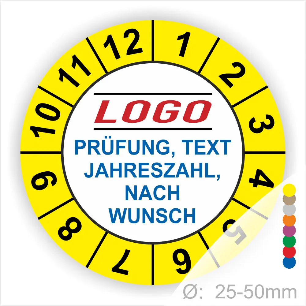 Rundes Prüfetikett mit individuell anpassbarem Text, Jahreszahl und Logo, Durchmesser 25-50mm, gelbe Farbgestaltung mit Ziffern von 1 bis 12.
