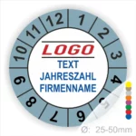 Rundes Aufkleberdesign mit Platz für ein Logo, Text, Jahreszahl und Firmennamen. Durchmesser von 25-50 mm, ideal für personalisierte Produkte und Marketingmaterialien.