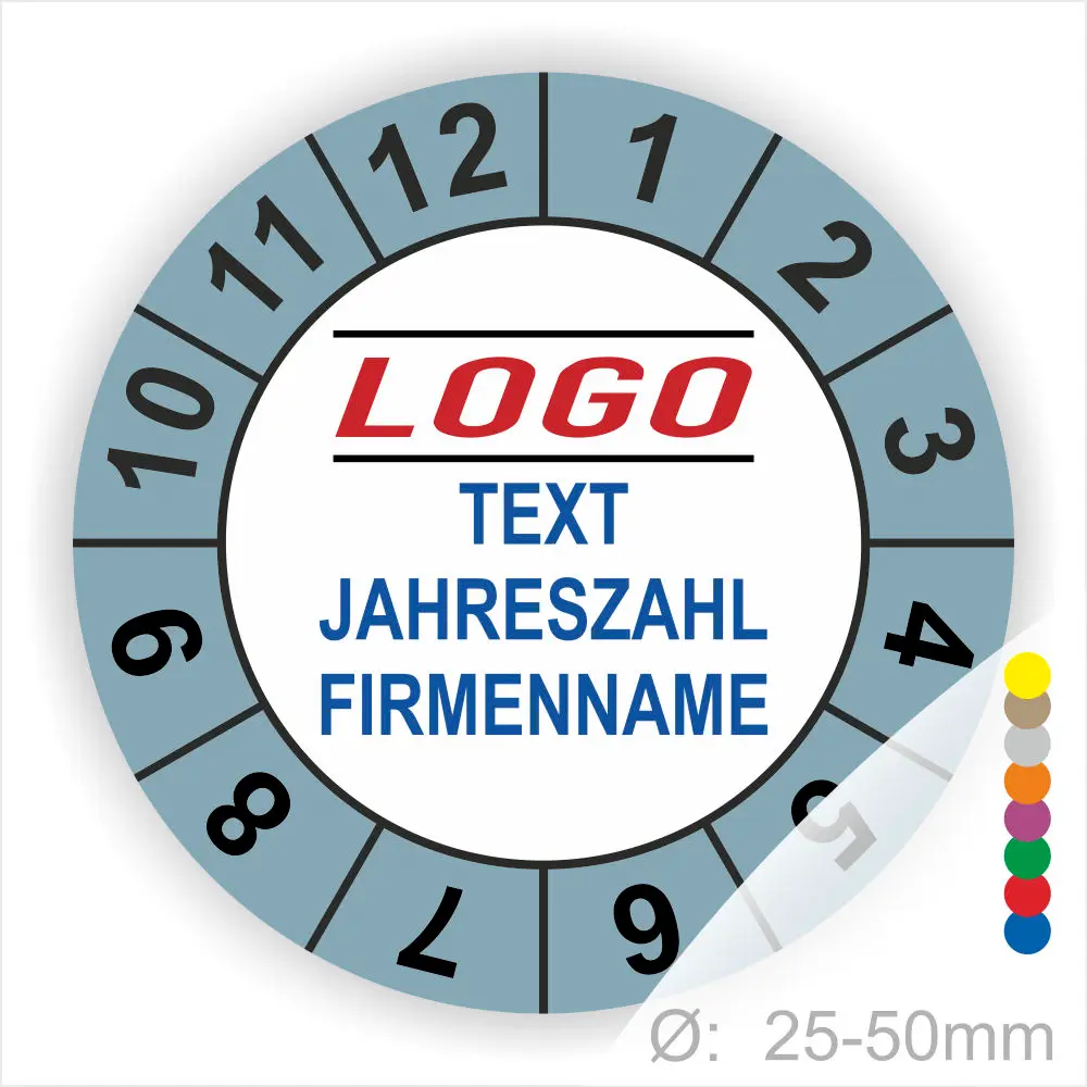 Rundes Aufkleberdesign mit Platz für ein Logo, Text, Jahreszahl und Firmennamen. Durchmesser von 25-50 mm, ideal für personalisierte Produkte und Marketingmaterialien.