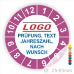 Rundes Prüfzeichen mit individuell anpassbarem Text, Jahreszahl und Logo, Durchmesser von 25 bis 50 mm, geeignet für verschiedene Prüfungen.