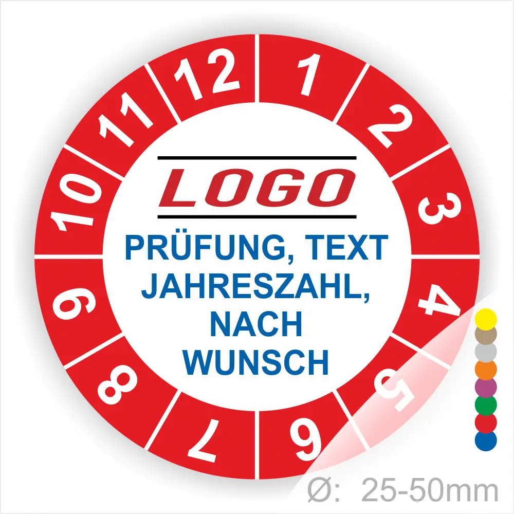 Runder Prüfungsstempel mit individueller Anpassung, zeigt die Möglichkeit zur Personalisierung mit Text und Jahreszahl, Durchmesser 25-50 mm.