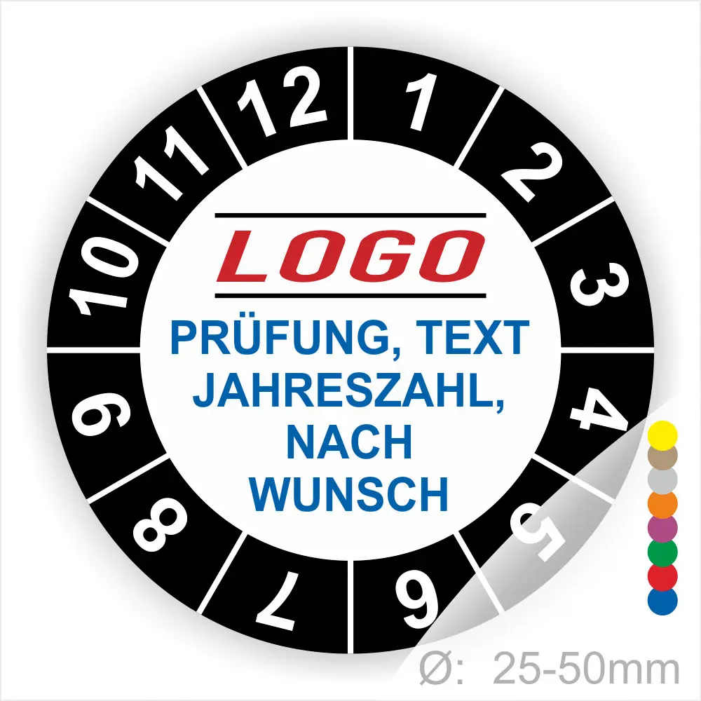Runder Aufkleber mit individuellem Design für Prüfungen, inklusive Logo, Text und Jahreszahl nach Wunsch, Durchmesser 25-50mm.