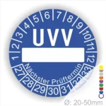 UVV Prüfsiegel in Blau mit Platz für das Datum des nächsten Prüftermins, geeignet für Durchmesser von 20-50mm.