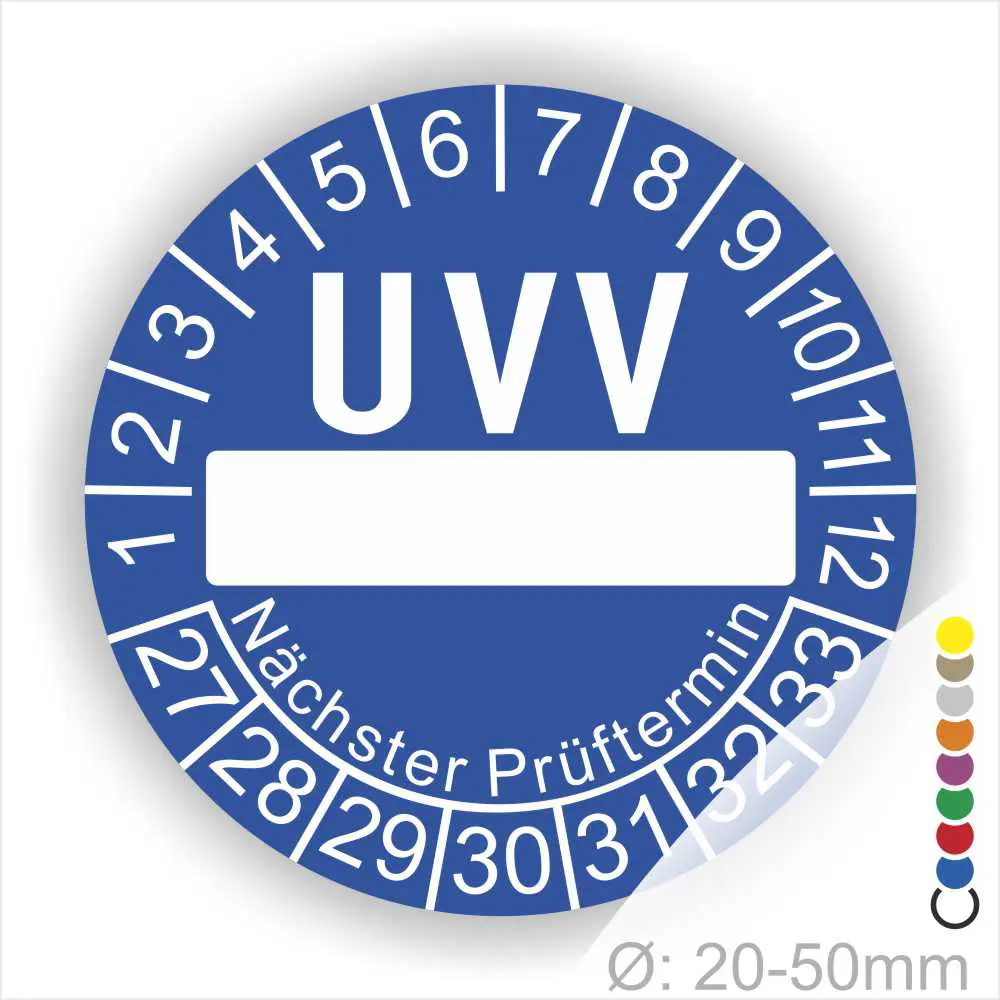 UVV Prüfsiegel in Blau mit Platz für das Datum des nächsten Prüftermins, geeignet für Durchmesser von 20-50mm.