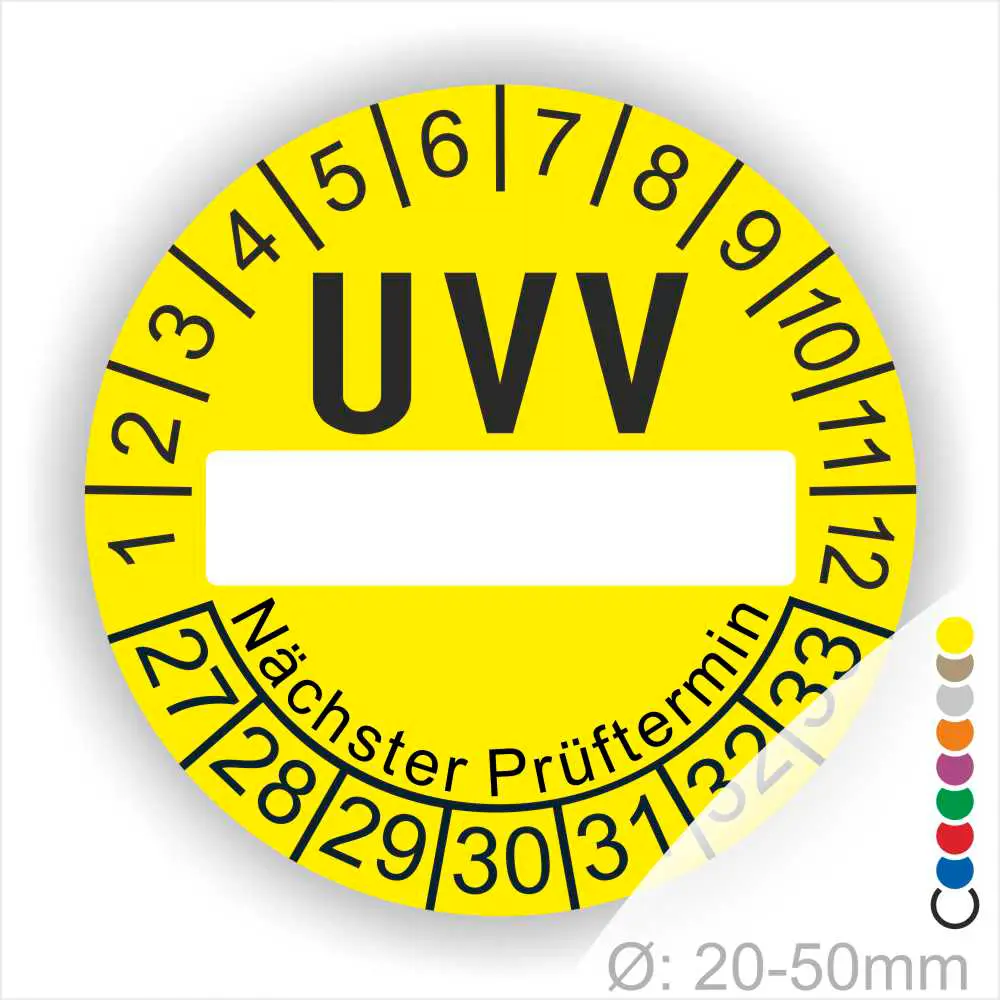 Gelbes UVV-Prüfsiegel mit Zahlen von 1 bis 12 und den nächsten Prüfterminen mit Jahreszahl von 27 bis 33, geeignet für Durchmesser von 20 bis 50 mm.