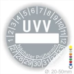 UVV Prüfplakette mit Platz für den nächsten Prüftermin, Durchmesser 20-50 mm, zeigt Monate und Tage zur Überprüfung.