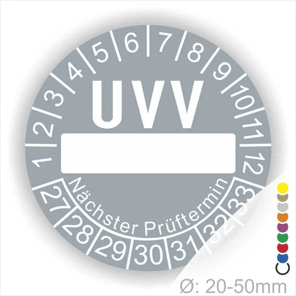 UVV Prüfplakette mit Platz für den nächsten Prüftermin, Durchmesser 20-50 mm, zeigt Monate und Tage zur Überprüfung.