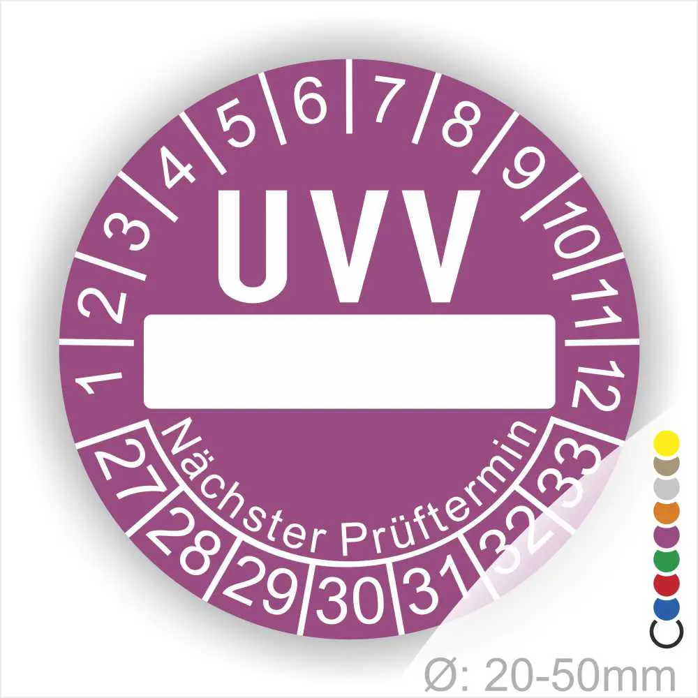 UVV-Prüfplakette in lila mit Platz für das nächste Prüfdatum, geeignet für Durchmesser von 20-50 mm, zur Kennzeichnung von Sicherheitsprüfungen.