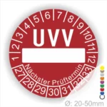 Roter UVV-Prüfaufkleber mit den Monatszahlen 1 bis 12 und Jahreszahlen 27 bis 33, der den nächsten Prüftermin anzeigt. Ideal für die Kennzeichnung von geprüften Geräten im Bereich Arbeitssicherheit. Durchmesser von 20-50 mm.