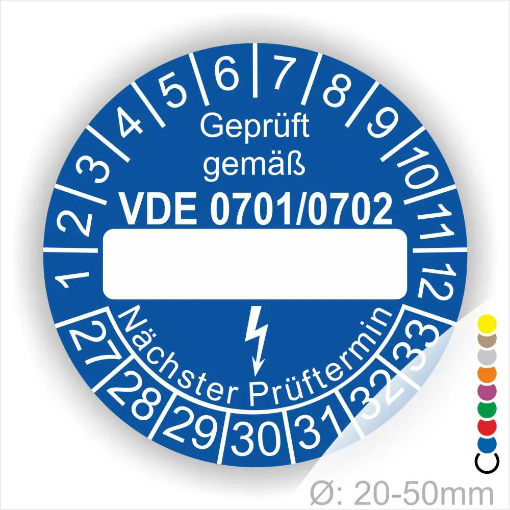 Prüfsiegel gemäß VDE 0701/0702 zur Kennzeichnung elektrischer Geräte, mit Platz für den nächsten Prüftermin. Die Aufkleber haben einen Durchmesser von 20-50 mm und sind in verschiedenen Farben erhältlich.