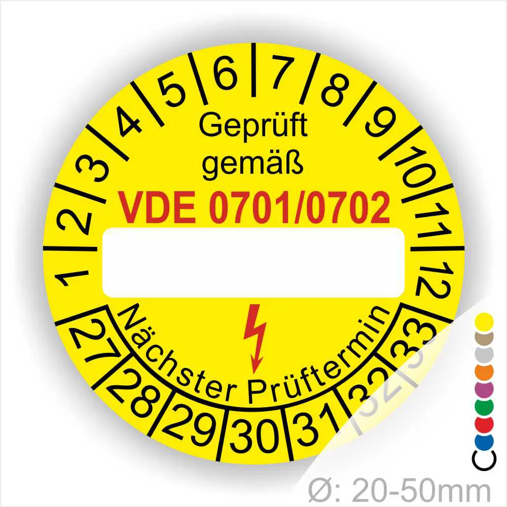 Gelbes Prüfplakett mit dem Text "Geprüft gemäß VDE 0701/0702" und Platz für das nächste Prüftermin-Datum. Das Plakett hat einen Durchmesser von 20-50 mm und zeigt eine Liste von Prüfterminen von 1 bis 33. Ideal für die Kennzeichnung elektrischer Geräte.