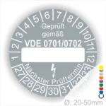 Prüfsiegel gemäß VDE 0701/0702, rund mit Platz für das Prüfdatum, für elektrische Geräte mit einem Durchmesser von 20-50 mm.