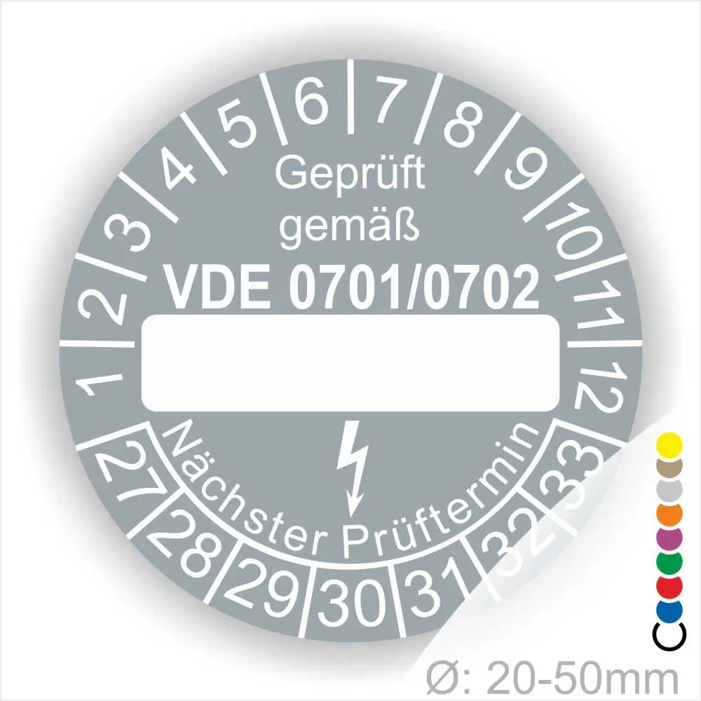 Prüfsiegel gemäß VDE 0701/0702, rund mit Platz für das Prüfdatum, für elektrische Geräte mit einem Durchmesser von 20-50 mm.