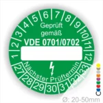 Grüne Prüfplakette gemäß VDE 0701/0702 mit Platz für den nächsten Prüftermin, geeignet für Geräte mit einem Durchmesser von 20-50 mm.