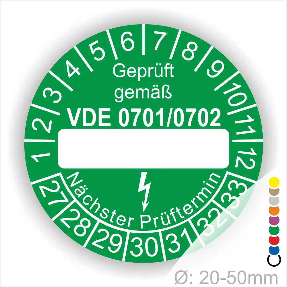 Grüne Prüfplakette gemäß VDE 0701/0702 mit Platz für den nächsten Prüftermin, geeignet für Geräte mit einem Durchmesser von 20-50 mm.
