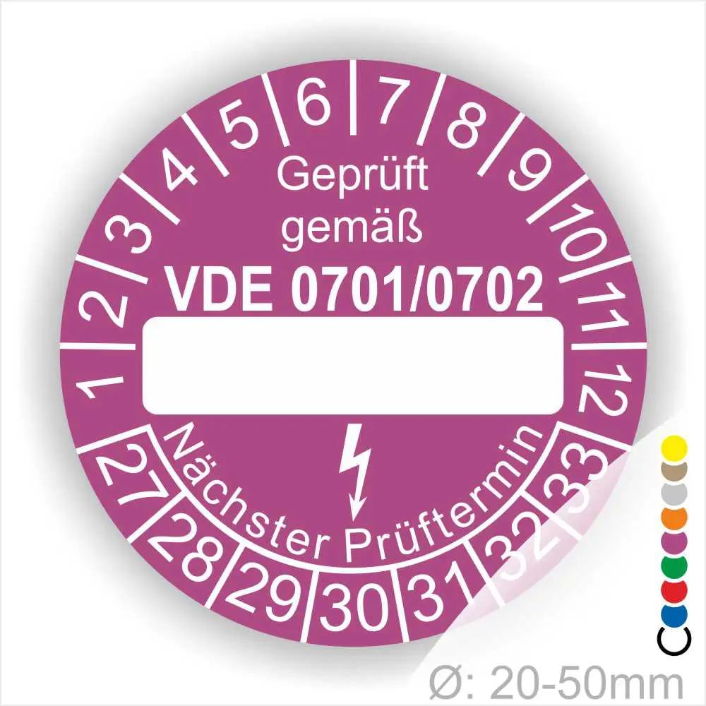 Prüfsiegel für elektrische Geräte gemäß VDE 0701/0702, lila Hintergrund mit Platz für Prüfdatum, zeigt nächsten Prüftermin an, Durchmesser von 20-50 mm.