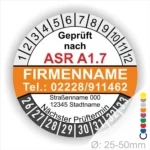 Prüfzertifikat nach ASR A1.7 mit Firmenname, Telefonnummer, Adresse und nächstem Prüftermin, Durchmesser 25-50 mm.