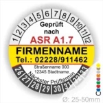 Individuelle ASR A1.7 Prüfplakette mit Firmenname, Telefonnummer und Adresse, Mehrjahres-Prüfaufkleber für Tore und Türen mit Monats- und Jahresring, Durchmesser 25–50 mm