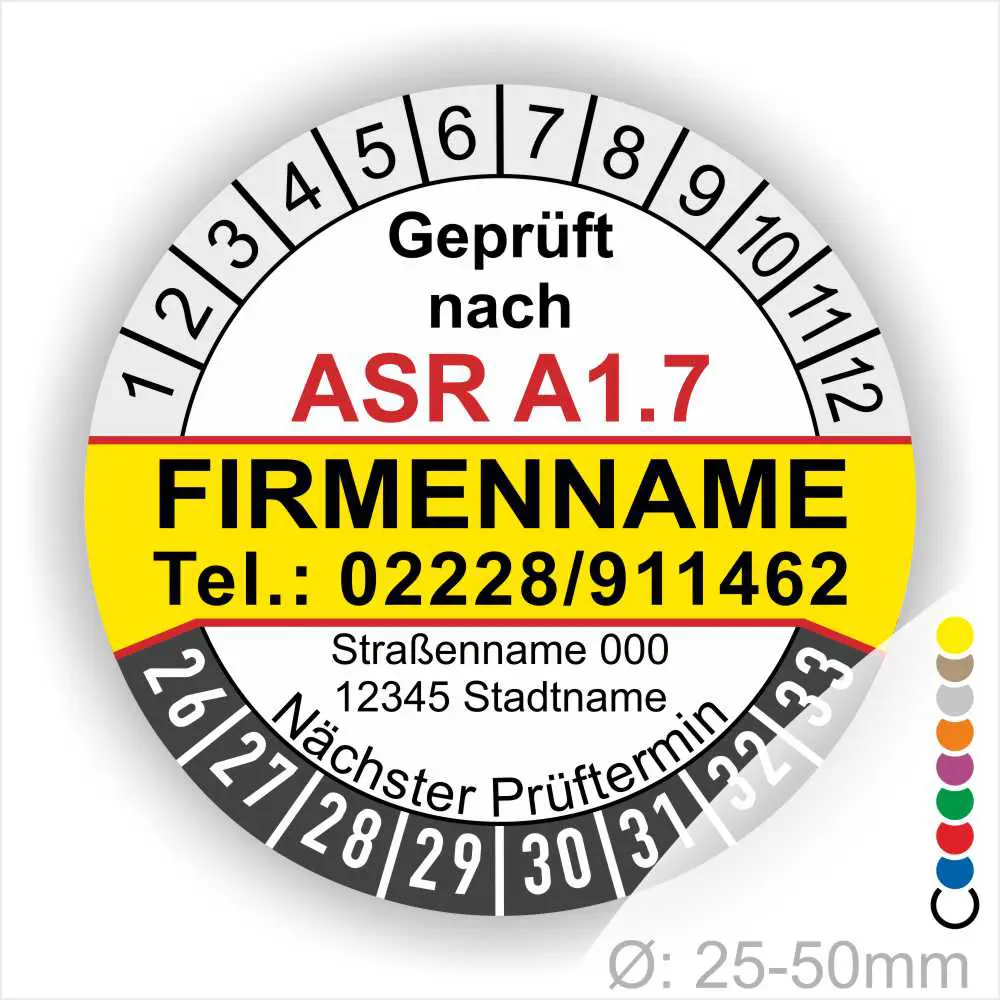 Individuelle ASR A1.7 Prüfplakette mit Firmenname, Telefonnummer und Adresse, Mehrjahres-Prüfaufkleber für Tore und Türen mit Monats- und Jahresring, Durchmesser 25–50 mm