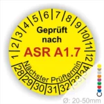 ASR A1.7 Prüfplakette gelb mit Monatsring und Jahresring, Mehrjahres-Prüfaufkleber für Tore und Türen, nächster Prüftermin klar markierbar, Durchmesser 20–50 mm
