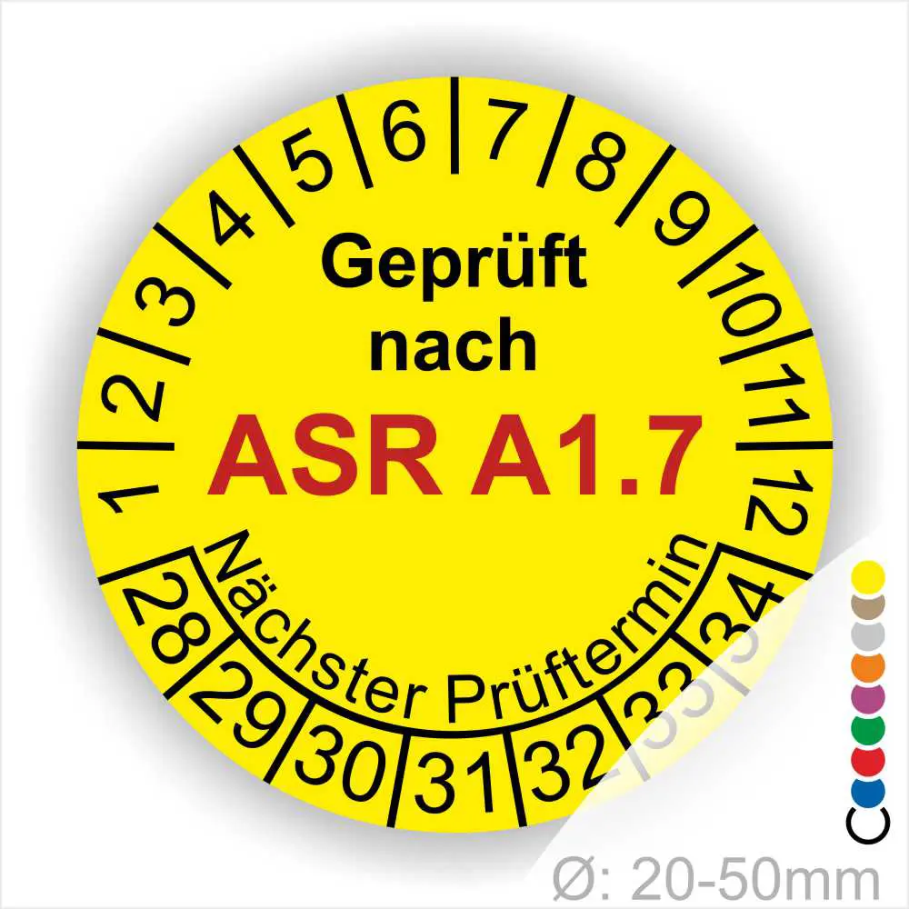 ASR A1.7 Prüfplakette gelb mit Monatsring und Jahresring, Mehrjahres-Prüfaufkleber für Tore und Türen, nächster Prüftermin klar markierbar, Durchmesser 20–50 mm