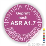 ASR A1.7 Prüfplakette lila mit Monatsring und Jahresring, Mehrjahres-Prüfaufkleber für Tore und Türen, nächster Prüftermin klar markierbar, Durchmesser 20–50 mm