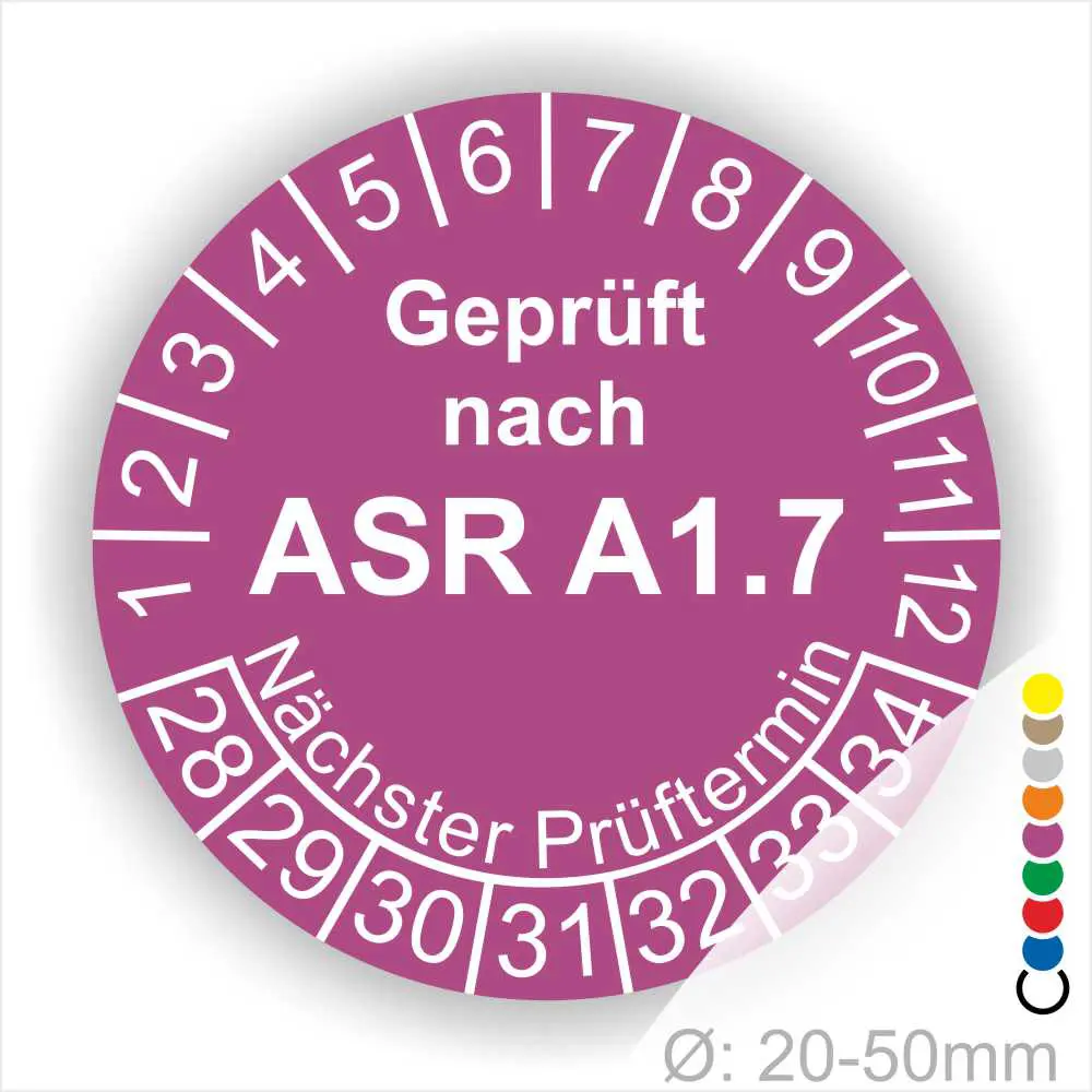 ASR A1.7 Prüfplakette lila mit Monatsring und Jahresring, Mehrjahres-Prüfaufkleber für Tore und Türen, nächster Prüftermin klar markierbar, Durchmesser 20–50 mm