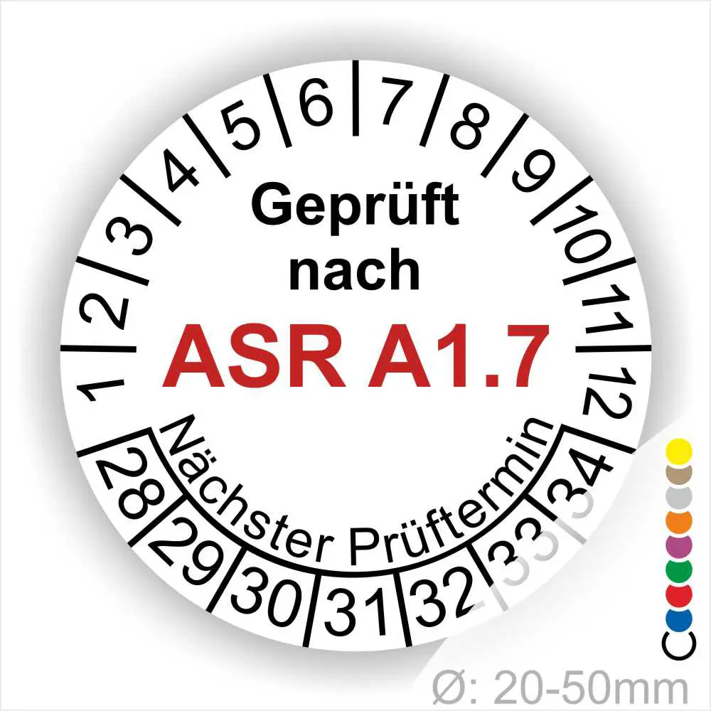 ASR A1.7 Prüfplakette weiss mit Monatsring und Jahresring, Mehrjahres-Prüfaufkleber für Tore und Türen, nächster Prüftermin klar markierbar, Durchmesser 20–50 mm