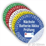 Farbcodierte Prüfmarken für Batterien und Akkus, mit dem Hinweis zur nächsten Prüfung. Die Marken sind in verschiedenen Farben (grün, rot, gelb, weiß, blau) und enthalten Zahlen von 1 bis 12 sowie einen Batteriesymbol. Ideal für die Sicherheitsüberprüfung in Unternehmen. Durchmesser: 20-50 mm.