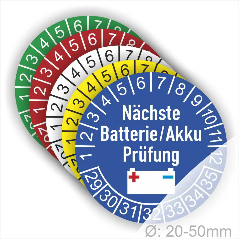 Farbcodierte Prüfmarken für Batterien und Akkus, mit dem Hinweis zur nächsten Prüfung. Die Marken sind in verschiedenen Farben (grün, rot, gelb, weiß, blau) und enthalten Zahlen von 1 bis 12 sowie einen Batteriesymbol. Ideal für die Sicherheitsüberprüfung in Unternehmen. Durchmesser: 20-50 mm.