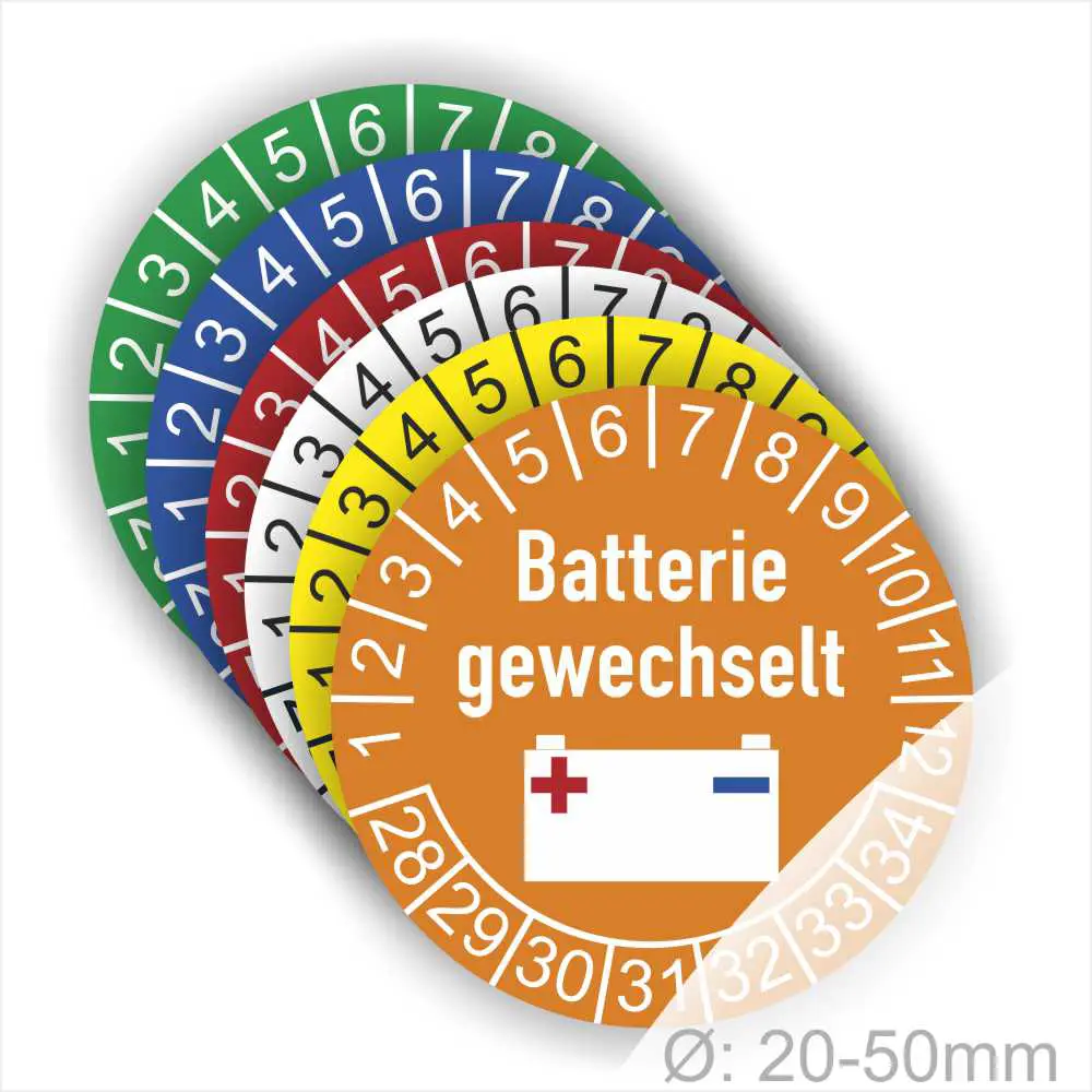 Bunte Batterie-Wechselaufkleber in verschiedenen Farben mit der Aufschrift "Batterie gewechselt" und Zahlen von 1 bis 12 und Jahreszahlen 28 bis 34 zur Kennzeichnung des Batteriewechsels, Durchmesser 20-50mm.