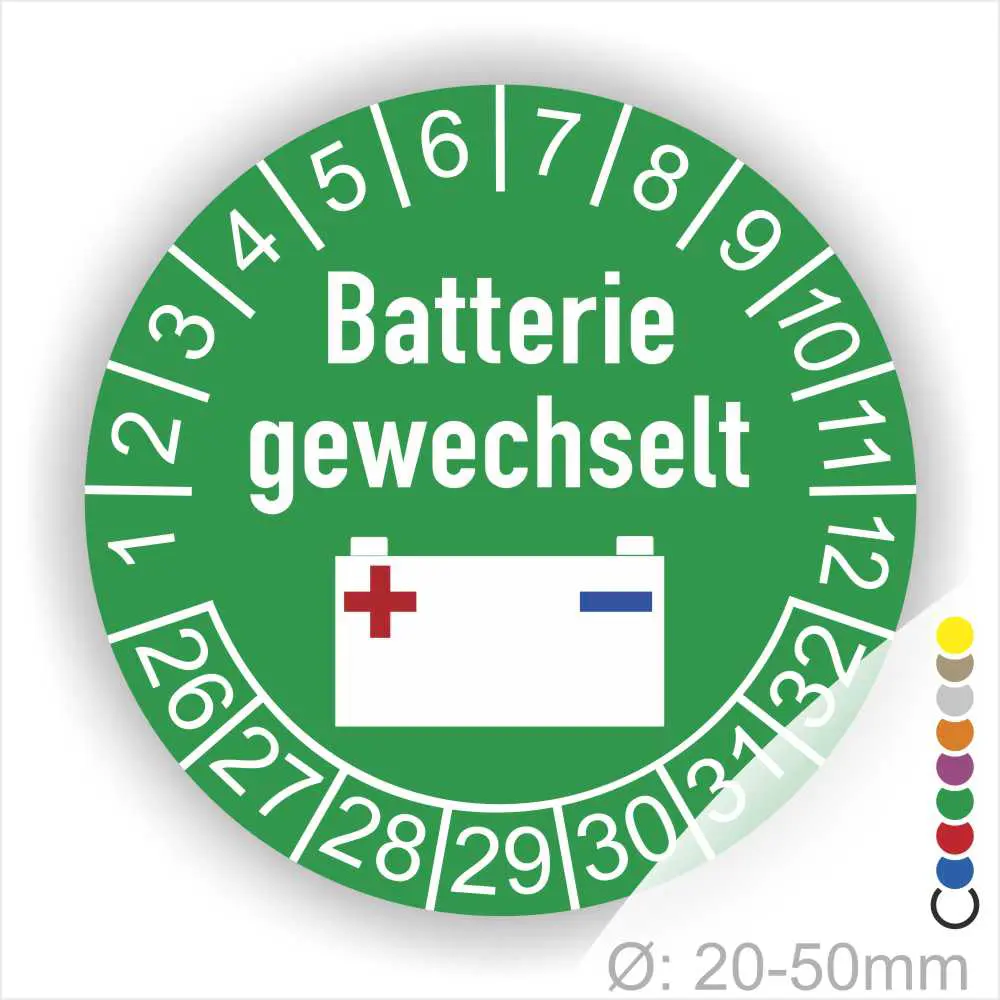 Prüfetiketten, Prüfplakette rund, Farbe- Grün, Text "Batterie gewechselt" in Weiß. Icon Batterie, Startjahr- 26, Monatszahlen Oben und Jahreszahlen Unten in Kreisform.