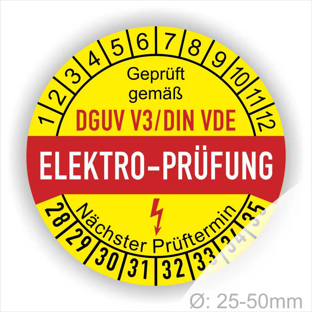 Runde Elektro-Prüfplakette mit Aufschrift "Geprüft gemäß DGUV V3/DIN VDE", die den nächsten Prüftermin anzeigt. Die Plakette ist gelb und rot gestaltet, mit einem Blitzsymbol und einem Durchmesser von 25-50 mm.