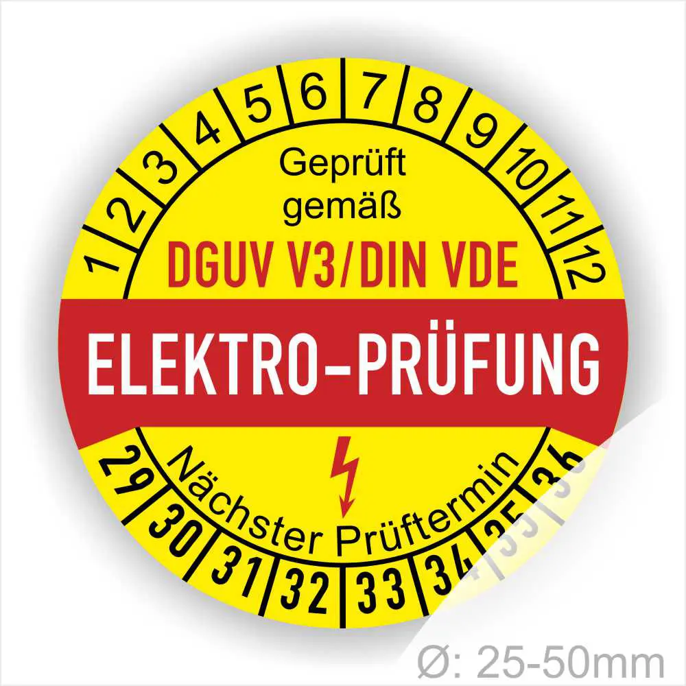 Rundes Prüfetikett für Elektroprüfungen gemäß DGUV V3/DIN VDE, mit Angabe des nächsten Prüftermins und einem Durchmesser von 25-50 mm.