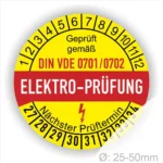 Elektro-Prüfplakette mit DIN VDE 0701/0702, zeigt Prüfdatum und nächsten Prüftermin, Durchmesser 25-50 mm, zur Kennzeichnung von elektrischen Geräten.