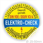 Elektro-Check Aufkleber mit Informationen zur Prüfung gemäß DIN VDE/DGUV V3/4, nächster Prüftermin und Durchmesserangabe von 25-50 mm.