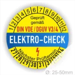 Prüfetiketten, Prüfplaketten rund, Farbe- Gelb in der Mitte ein Streifen in Blau, Text oberer Teil "Geprüft gemäß DIN-VDE/DGUV V3/4" in Schwarz. Mittig Streifen in Rot mit dem Text " ELEKTRO-CHECK", danach Elektropfeil in Rot Startjahr- 27, Monatszahlen Oben und Jahreszahlen Unten in Kreisform. Über den Jahreszahlen Text "Nächster Prüftermin"