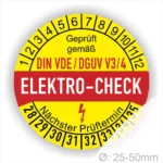 Alt-Text: Rundes Prüfzeichen für Elektro-Checks gemäß DIN VDE/DGUV V3/4, mit dem nächsten Prüftermin und einem Durchmesser von 25-50 mm.