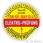 Elektro-Prüfplakette gemäß DIN VDE/DGUV V3/4, zeigt den nächsten Prüftermin sowie die Prüfintervalle für Geräte mit einem Durchmesser von 25-50 mm.