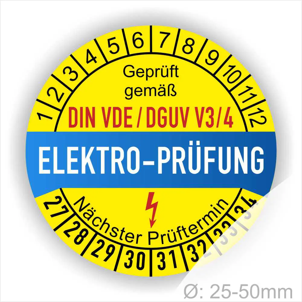 Runde gelb-blaue DIN VDE DGUV Vorschrift 3/4 Elektro-Prüfung Prüfplakette mit Monatsring und Jahresring, Blitzsymbol und Aufdruck „Nächster Prüftermin“, Ø 25–50 mm.