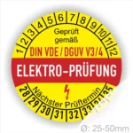 Prüfetiketten, Prüfplaketten rund, Farbe- Gelb in der Mitte ein Streifen in Rot, Text oberer Teil "Geprüft gemäß DIN-VDE/DGUV V3/4" in Schwarz. Mittig Streifen in Rot mit dem Text " ELEKTRO-PRÜFUNG", danach Elektropfeil in Rot Startjahr- 25, Monatszahlen Oben und Jahreszahlen Unten in Kreisform. Über den Jahreszahlen Text "Nächster Prüftermin"