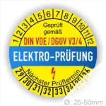 Aufkleber für Elektro-Prüfung gemäß DIN VDE/DGUV V3/4, mit Prüfziffern und nächstem Prüftermin, Durchmesser 25-50 mm.