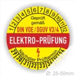 Elektro-Prüfplakette mit Prüfdatum, gemäß DIN VDE/DGUV V3/4, zur Kennzeichnung von elektrischen Geräten und nächsten Prüfterminen, Durchmesser 25-50 mm.