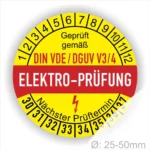 Sicherheitsprüfung Aufkleber für Elektrogeräte, geprüft gemäß DIN VDE/DGUV V3/4, mit Informationen zum nächsten Prüftermin und Durchmesser von 25-50 mm.